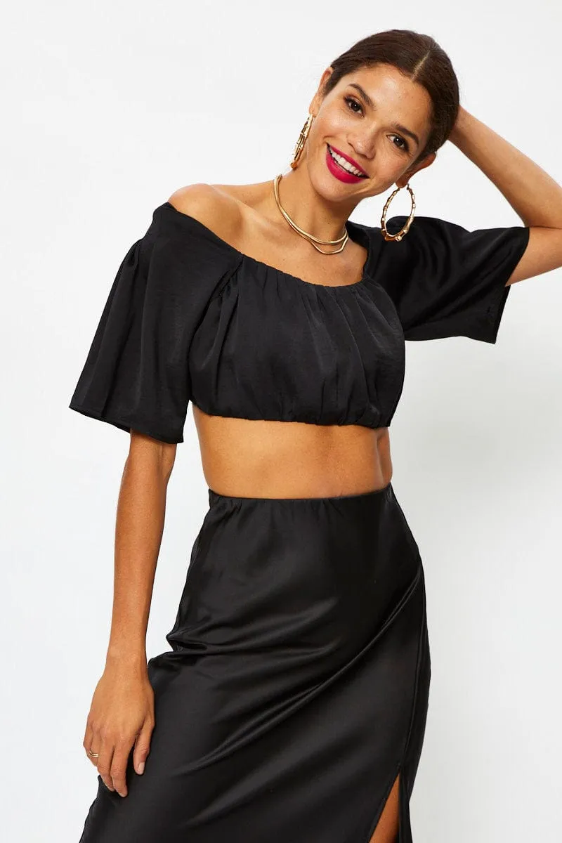 Black Crop Top Short Sleeve Satin