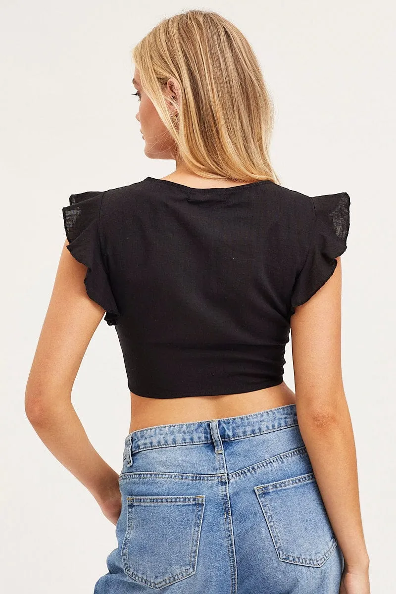 Black Crop Top Short Sleeve Tie Front