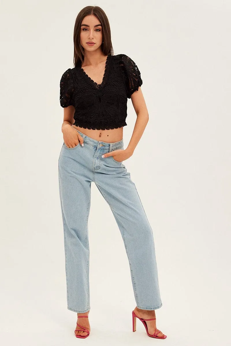 Black Lace Top Short Sleeve V Neck Crop