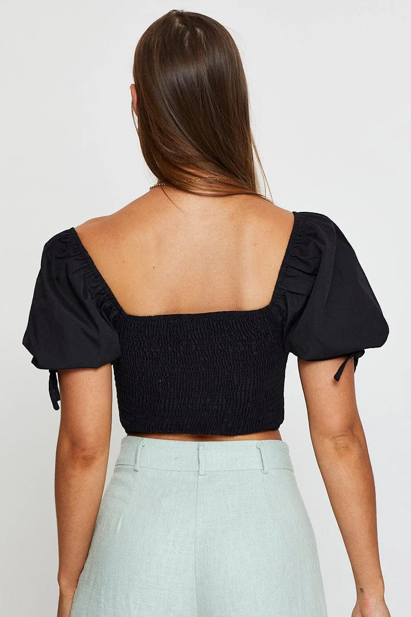 Black Puff Sleeve Top Short Sleeve Crop