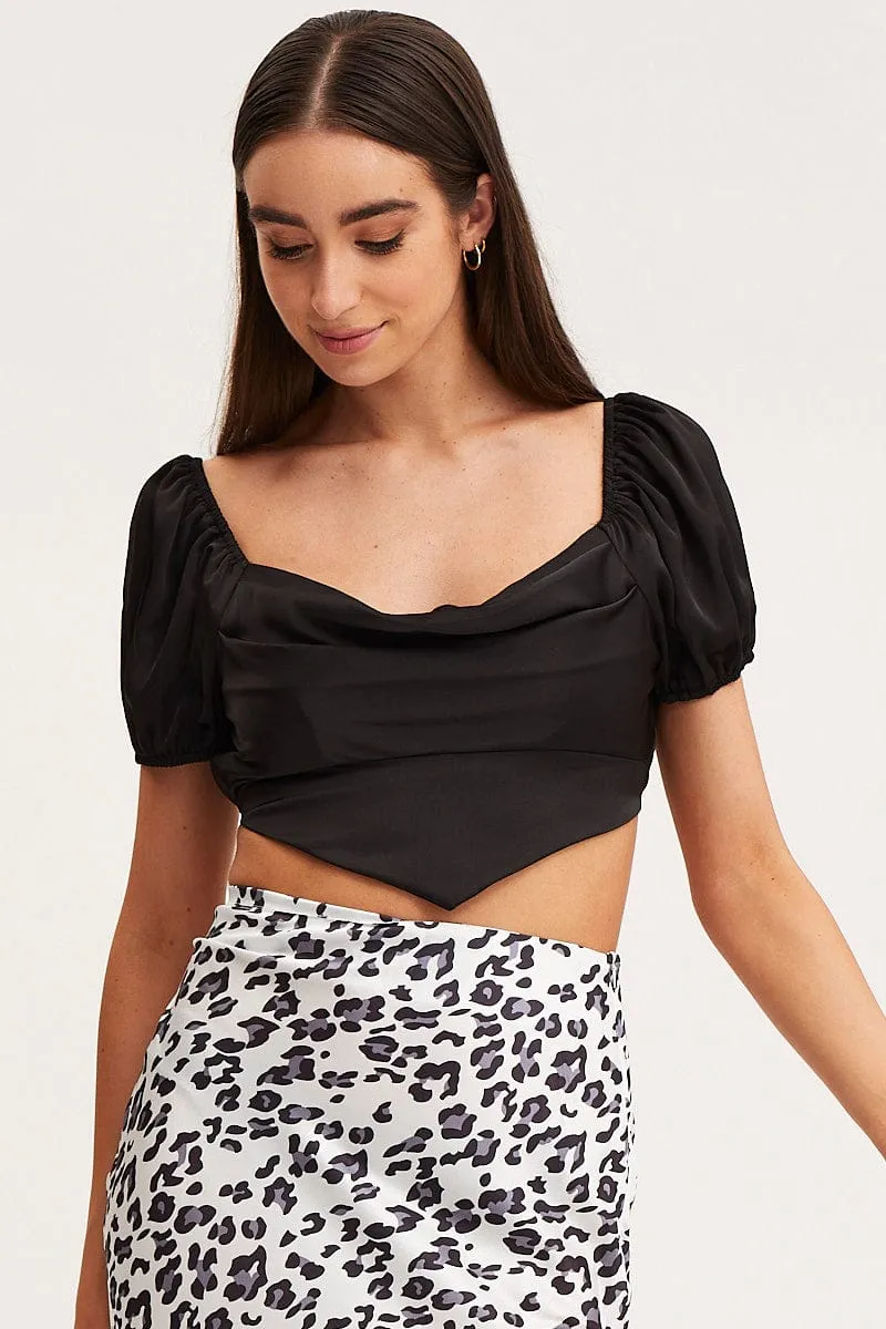 Black Scarf Top Short Sleeve Crop
