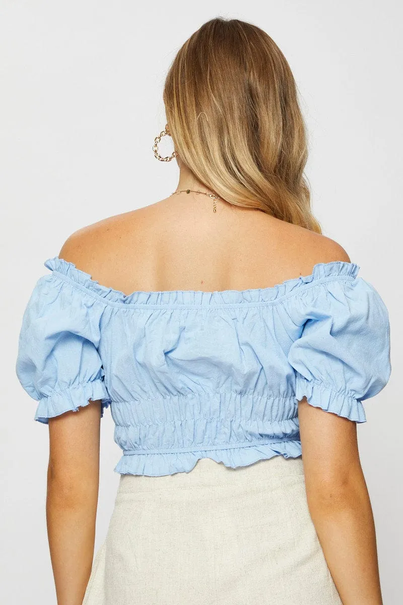 Blue Crop Top Off Shoulder Short Sleeve