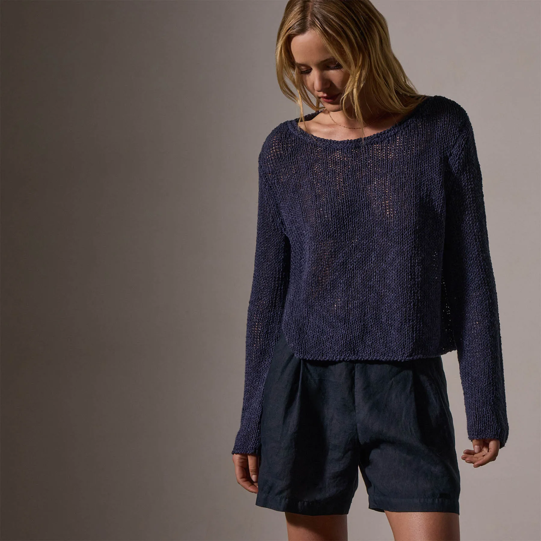 Cotton Linen Open Knit Pullover - Faded Navy
