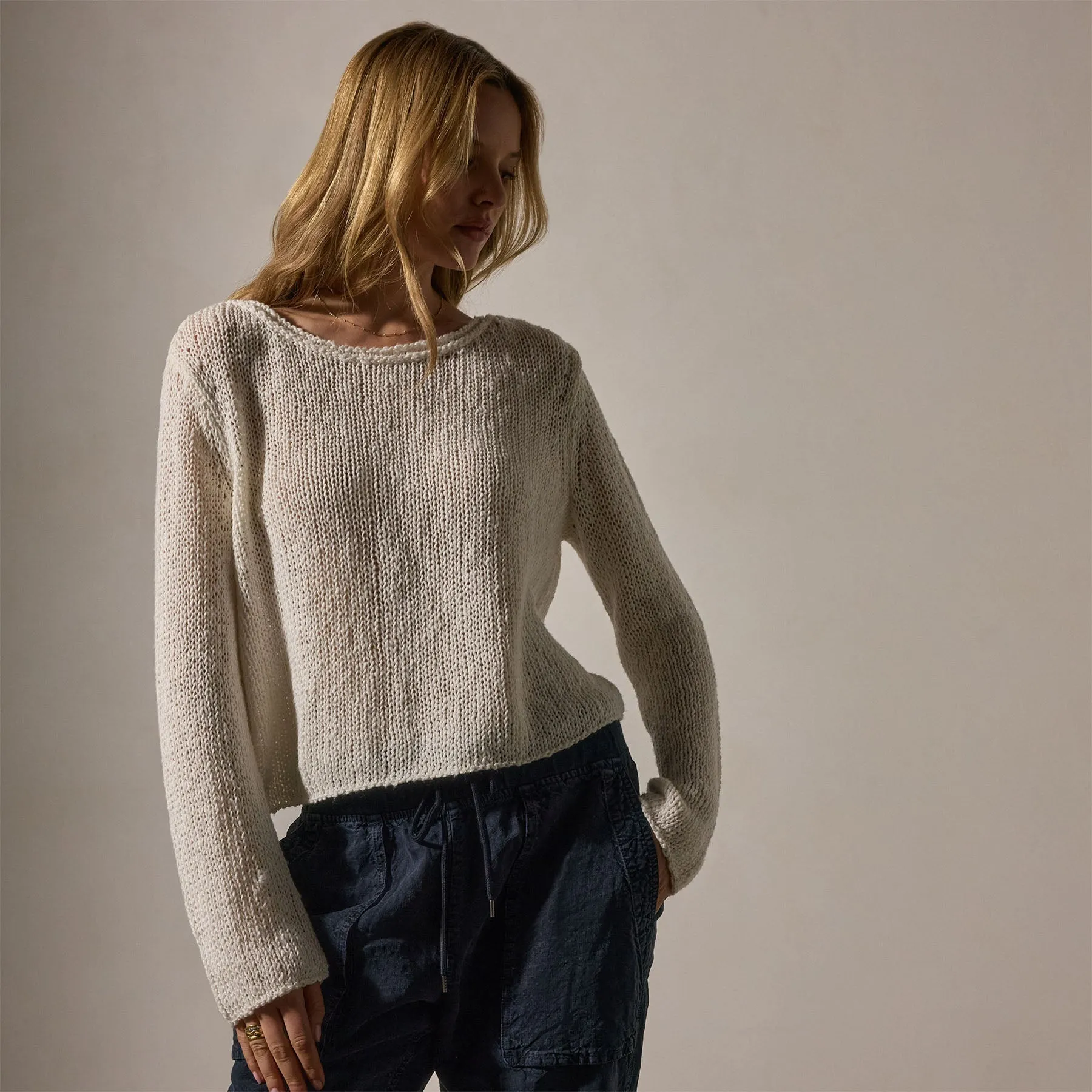 Cotton Linen Open Knit Pullover - White