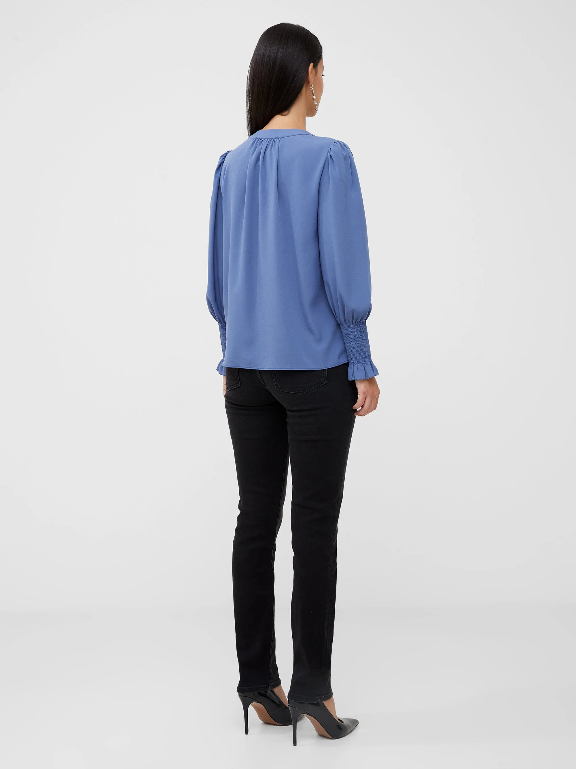 Crepe V-Neck Smocked Sleeve Blouse