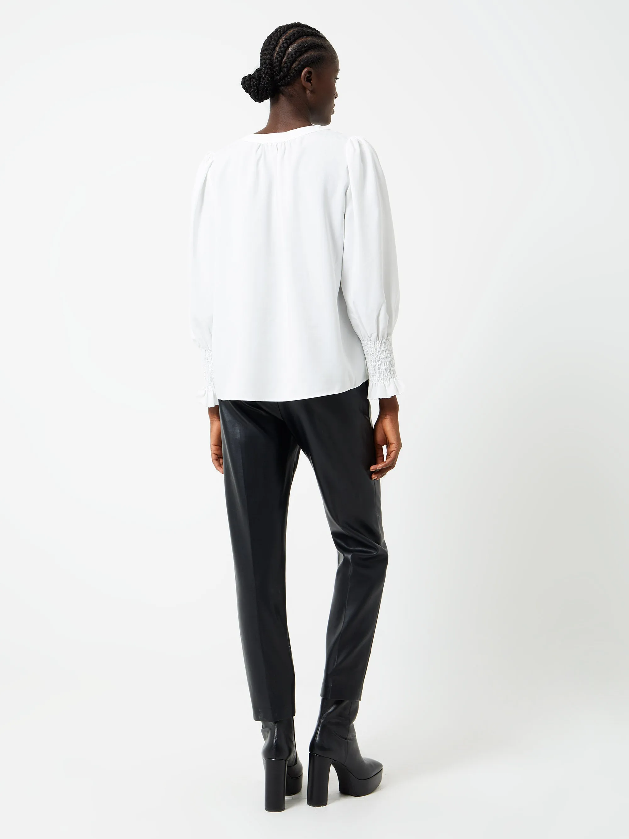 Crepe V-Neck Smocked Sleeve Blouse