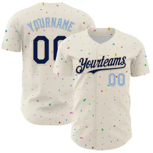 Custom Cream Navy-Light Blue 3D Pattern Design Confetti Authentic Baseball Jersey