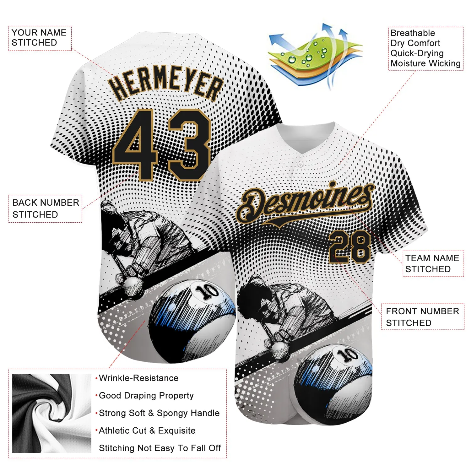 Custom White Black-Old Gold 3D Pattern Design Billiards Authentic Baseball Jersey