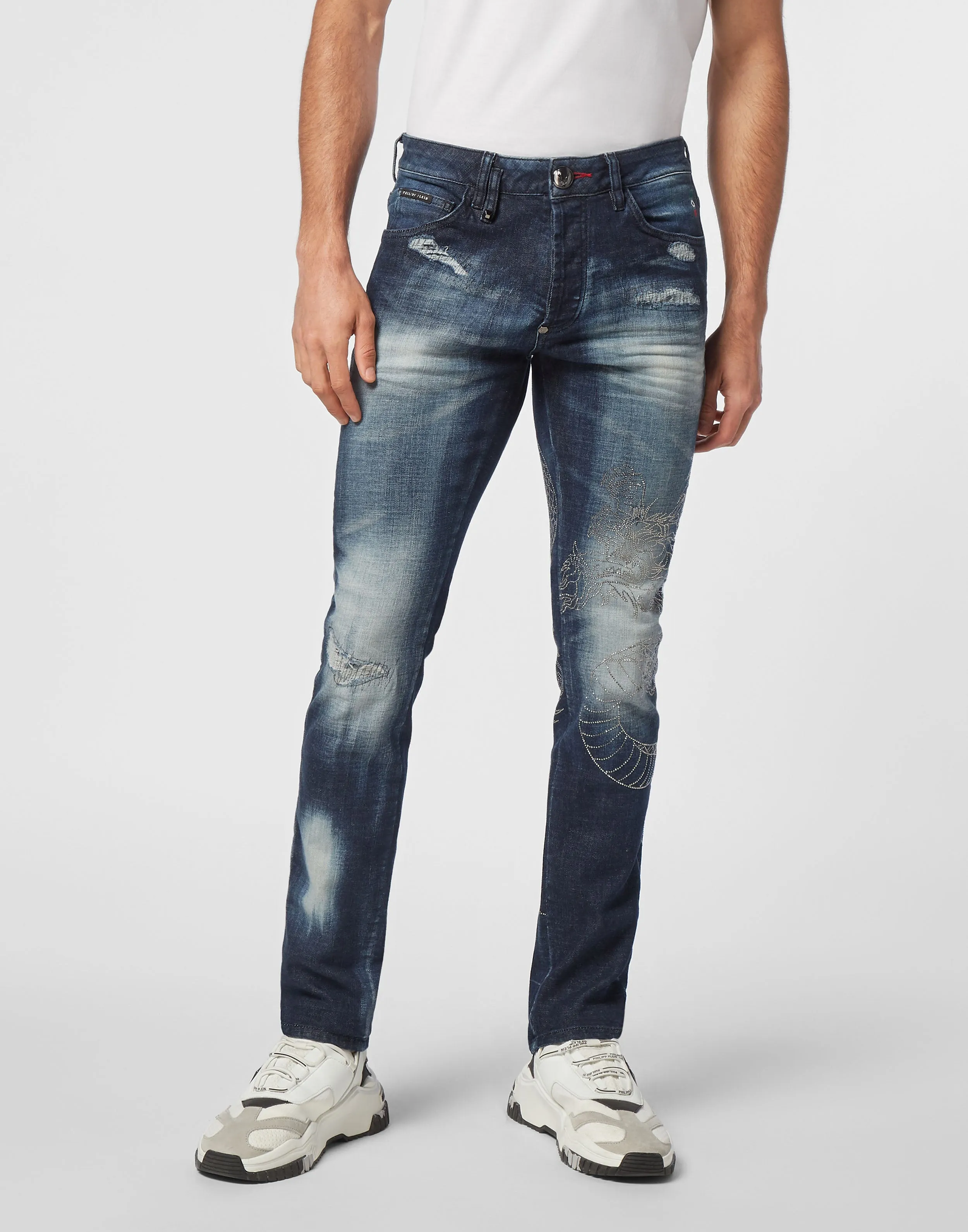 Denim Trousers Super Straight Cut Dragon Strass