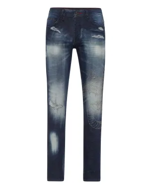 Denim Trousers Super Straight Cut Dragon Strass