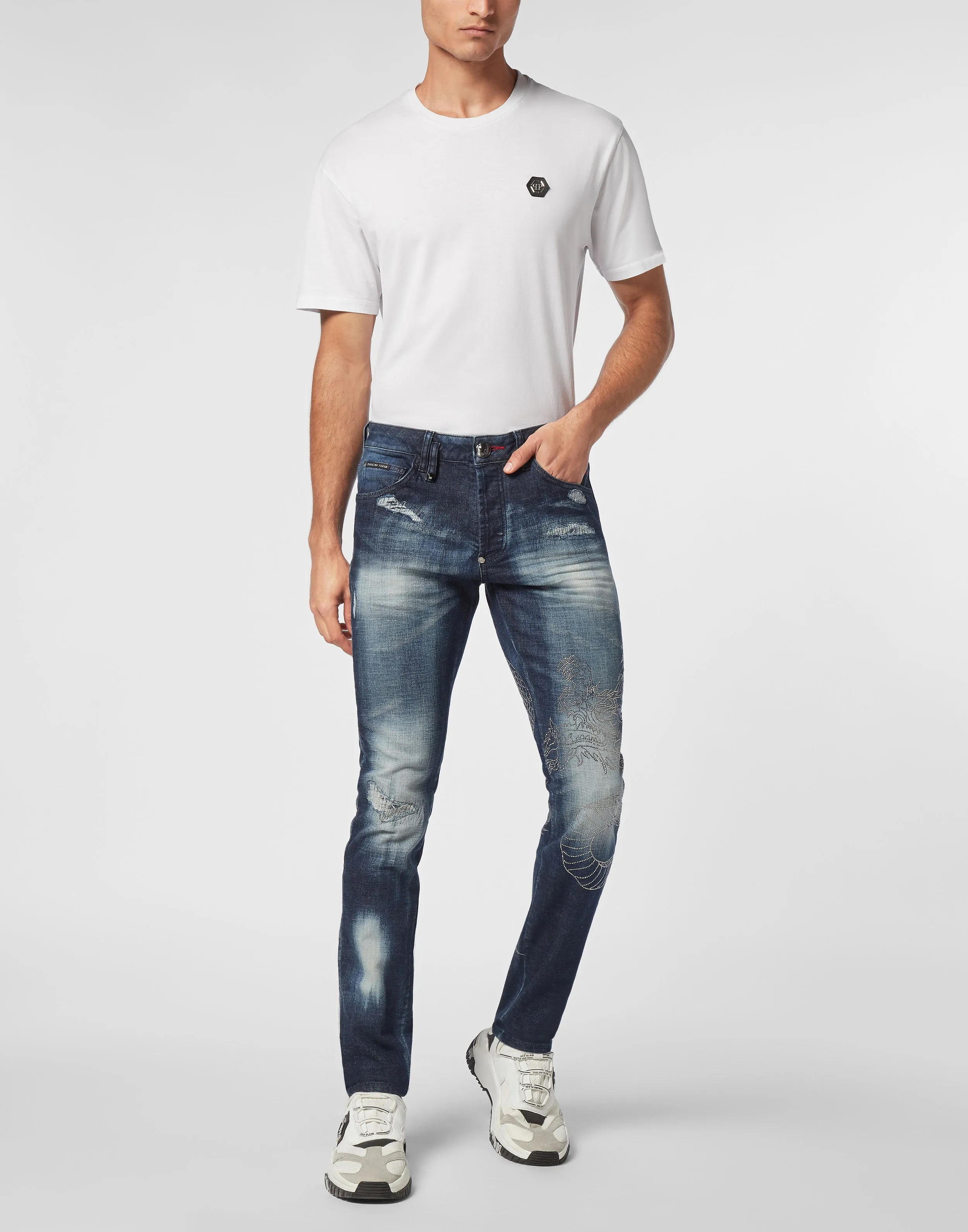 Denim Trousers Super Straight Cut Dragon Strass