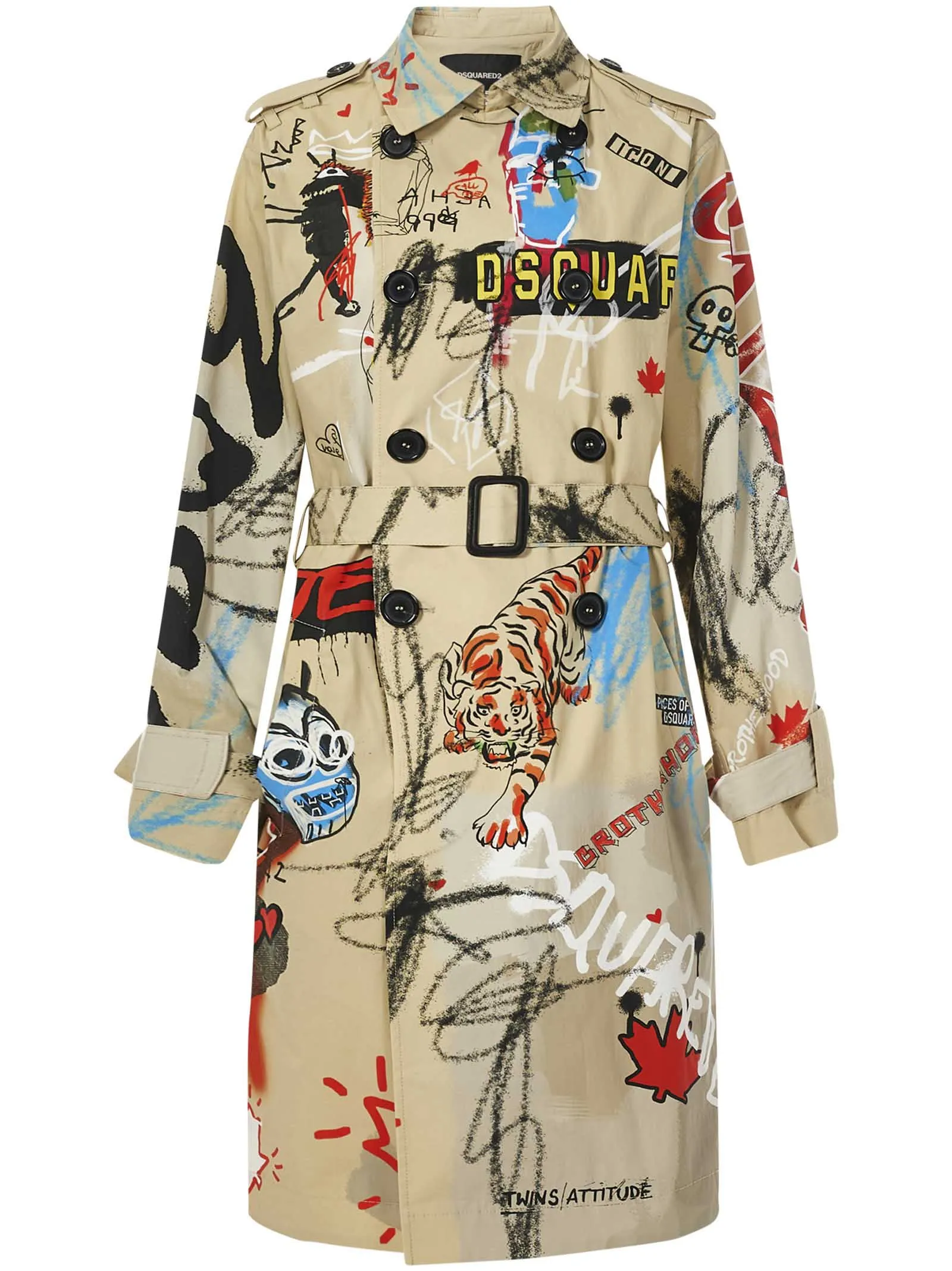 Dsquared2 Graffiti-Printed Belted Waist Trench Coat