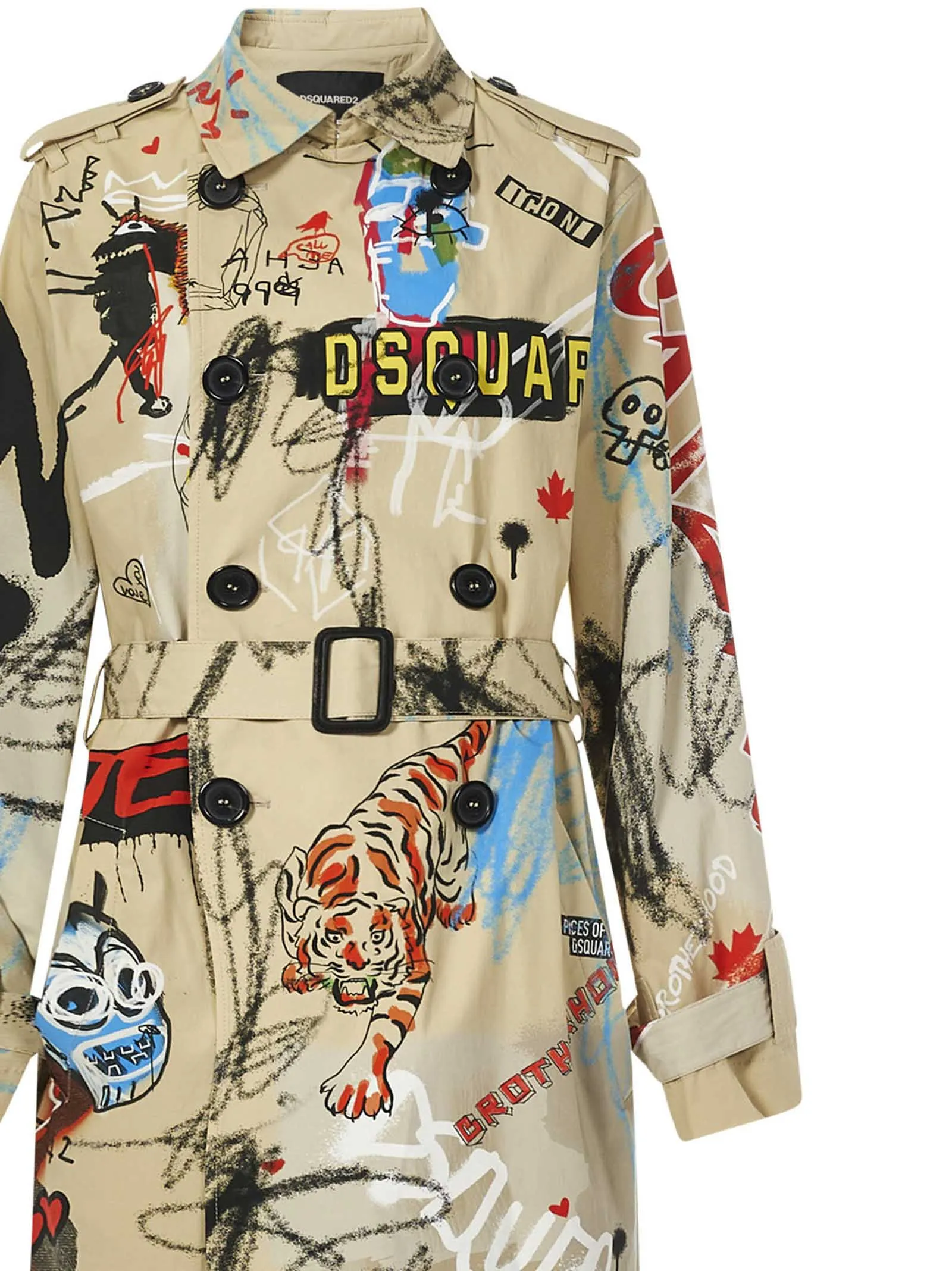 Dsquared2 Graffiti-Printed Belted Waist Trench Coat