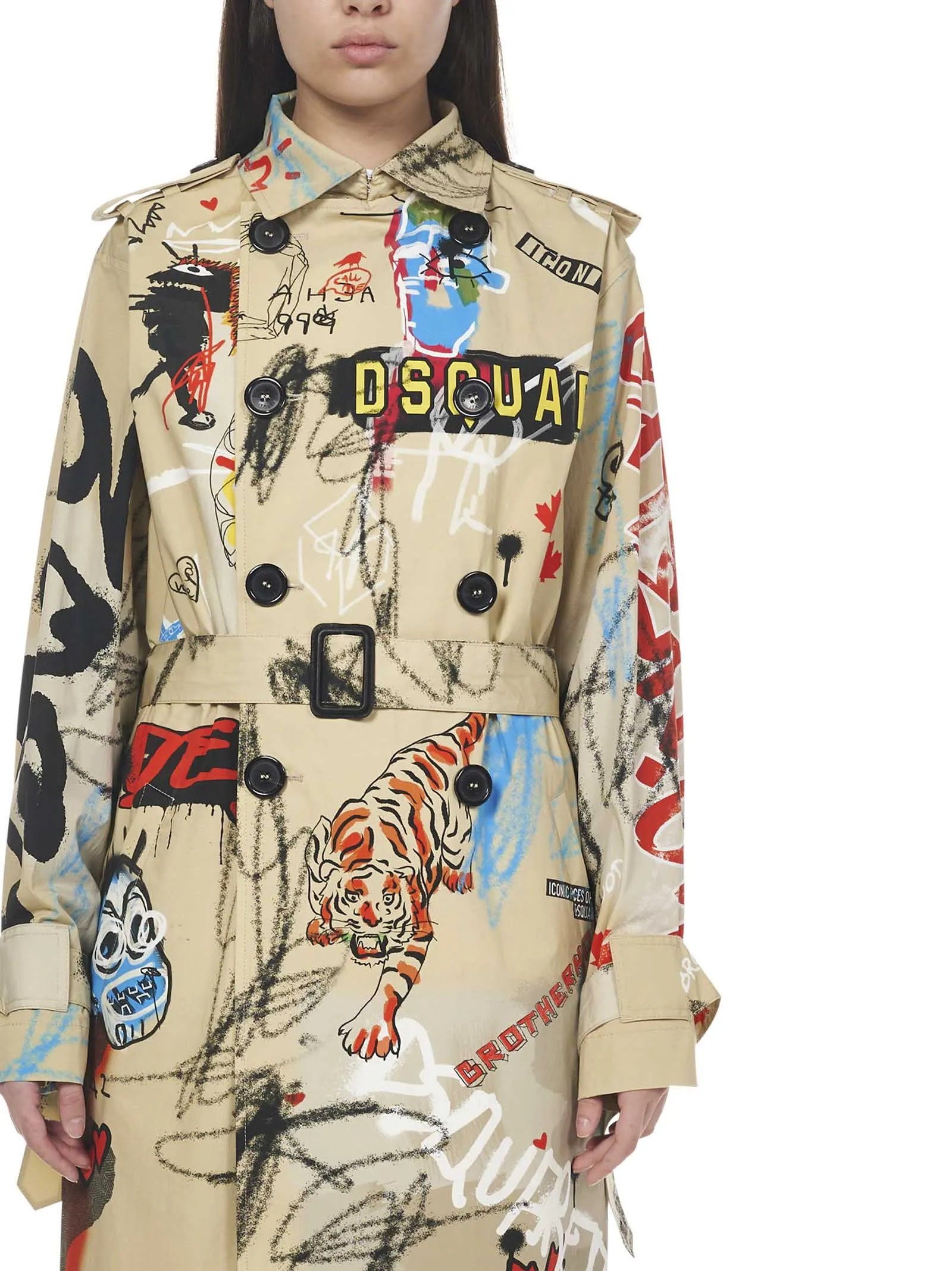 Dsquared2 Graffiti-Printed Belted Waist Trench Coat