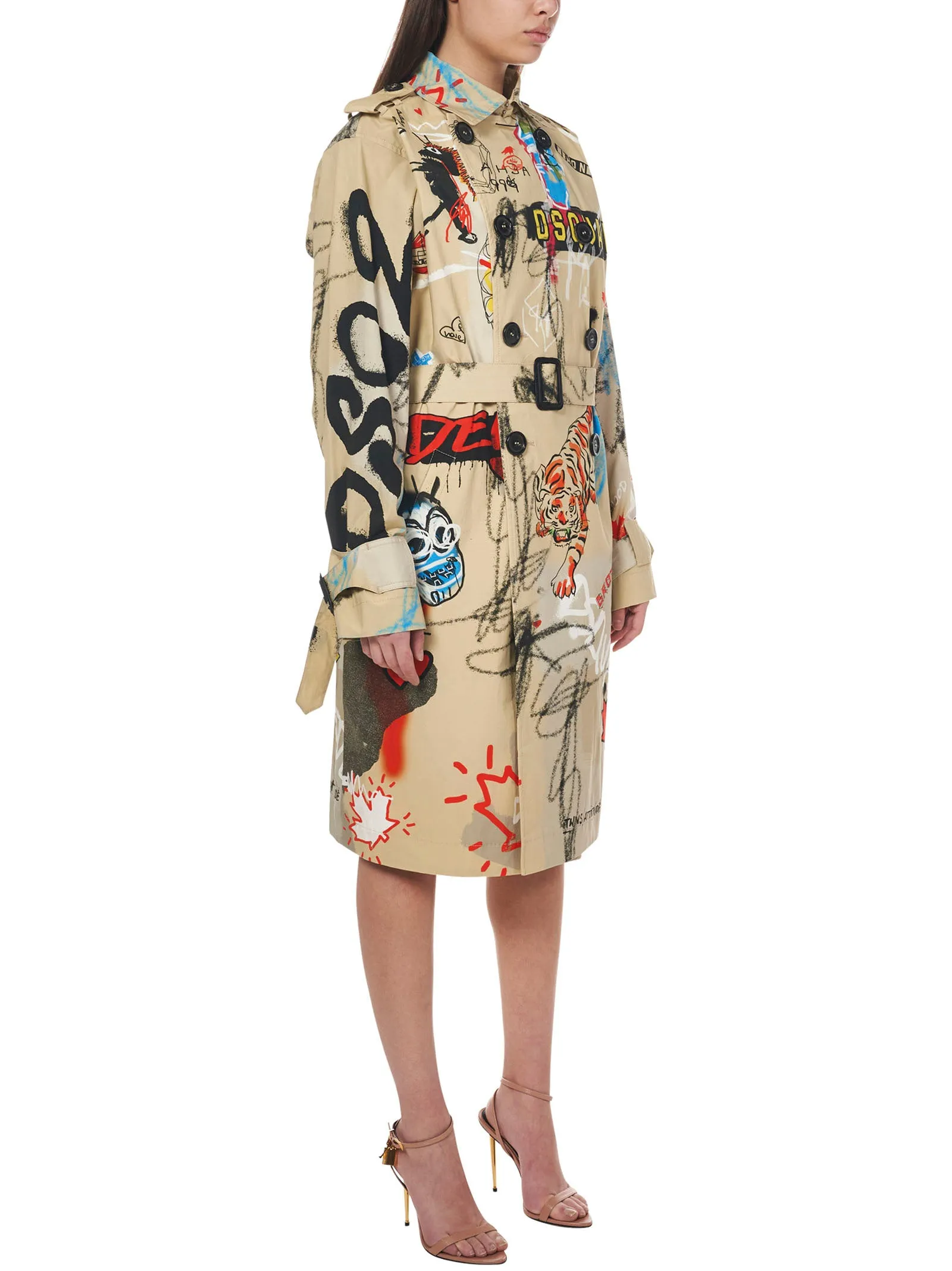 Dsquared2 Graffiti-Printed Belted Waist Trench Coat