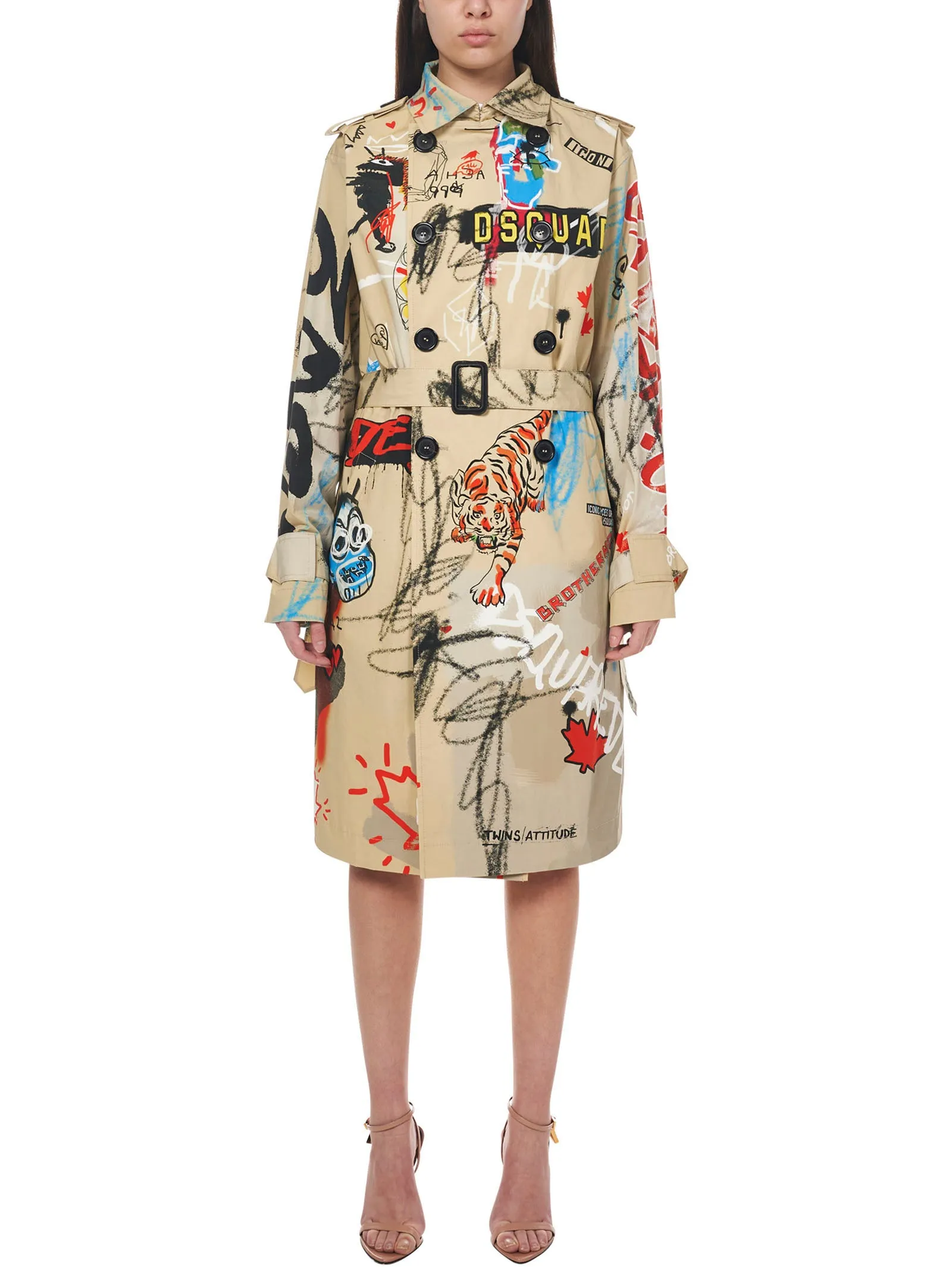 Dsquared2 Graffiti-Printed Belted Waist Trench Coat
