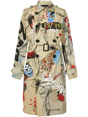Dsquared2 Graffiti-Printed Belted Waist Trench Coat