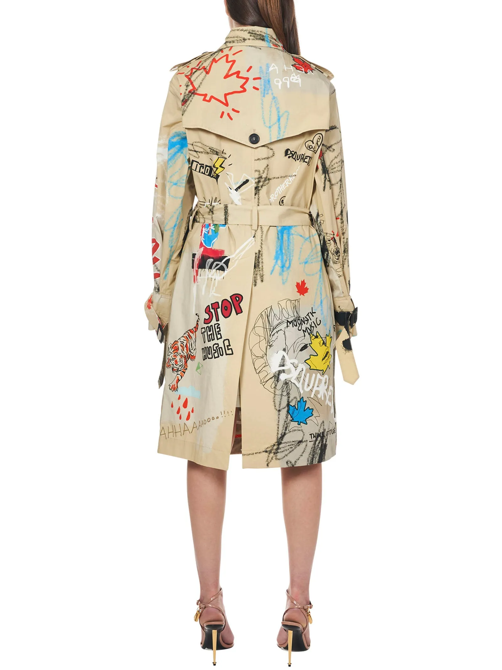 Dsquared2 Graffiti-Printed Belted Waist Trench Coat