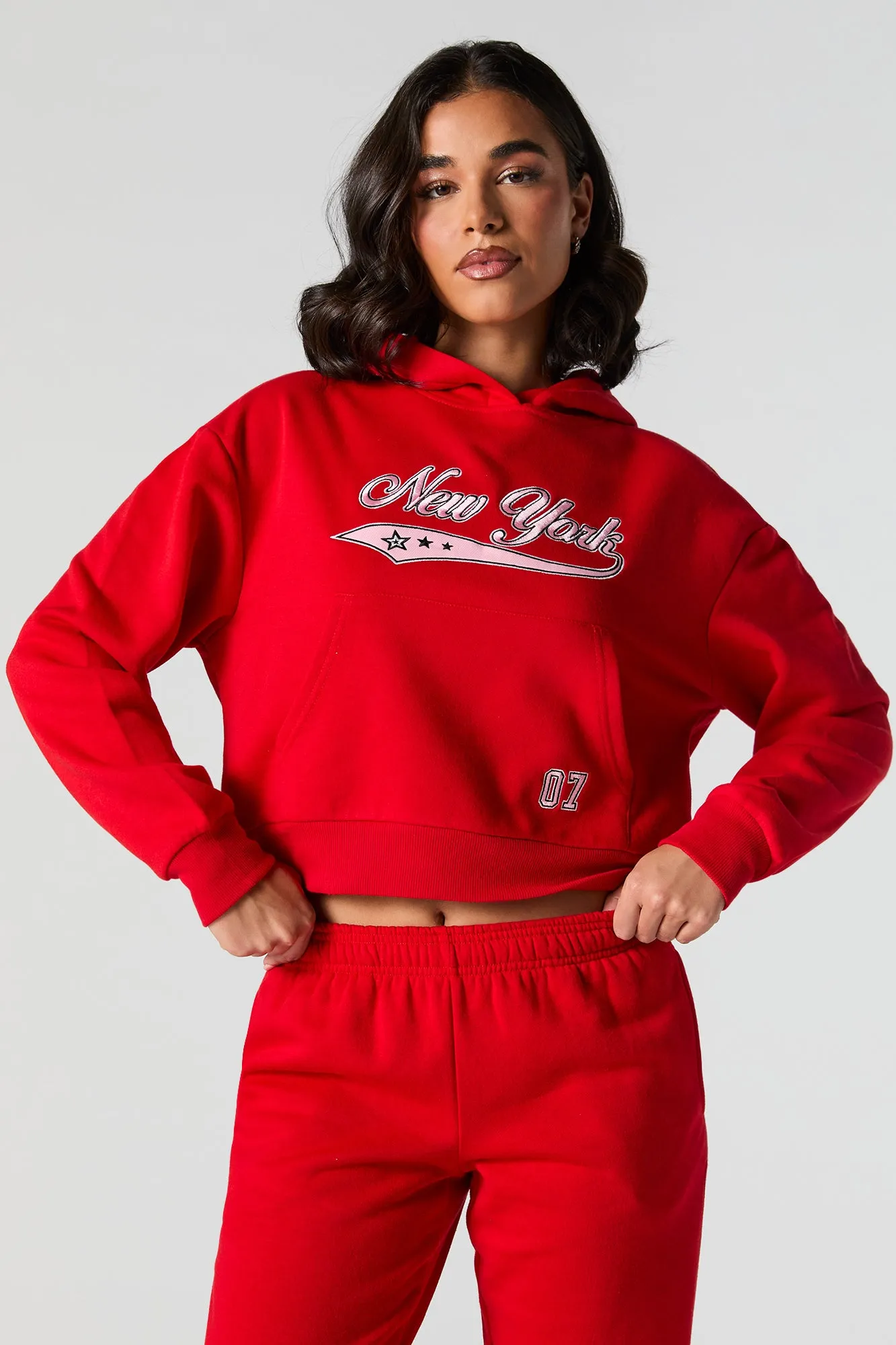 Embroidered Cropped Fleece Hoodie