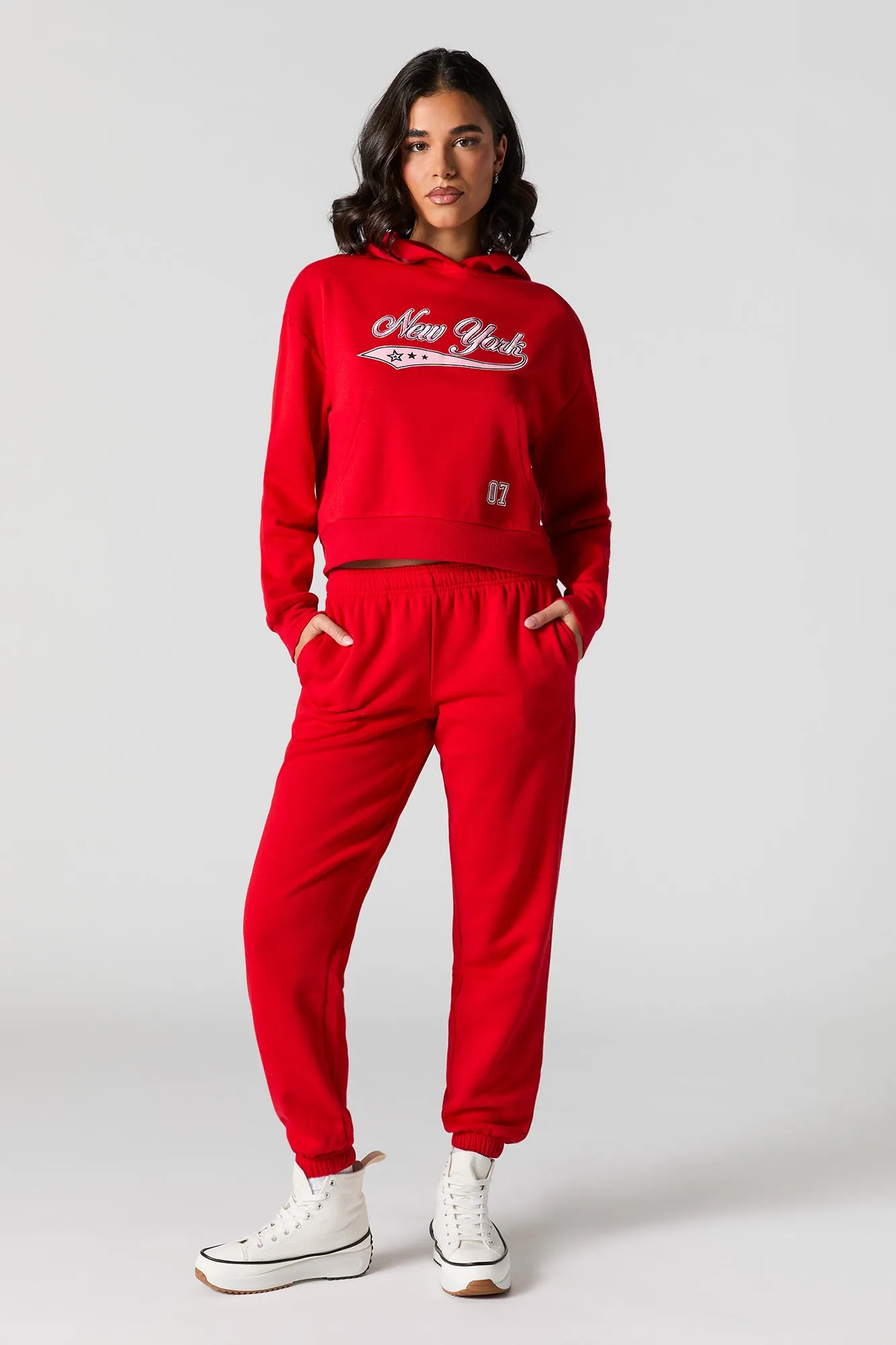 Embroidered Cropped Fleece Hoodie