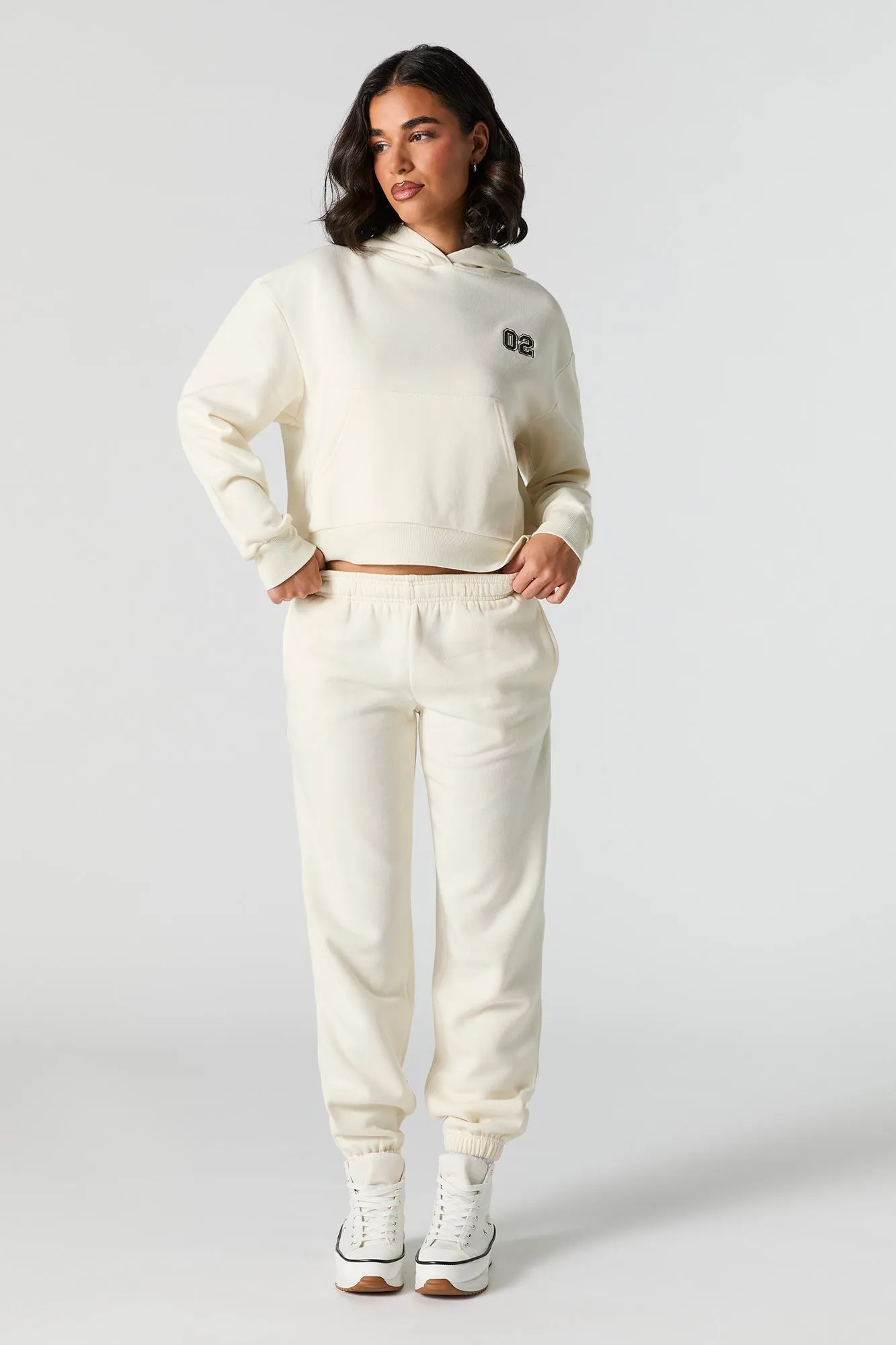 Embroidered Cropped Fleece Hoodie