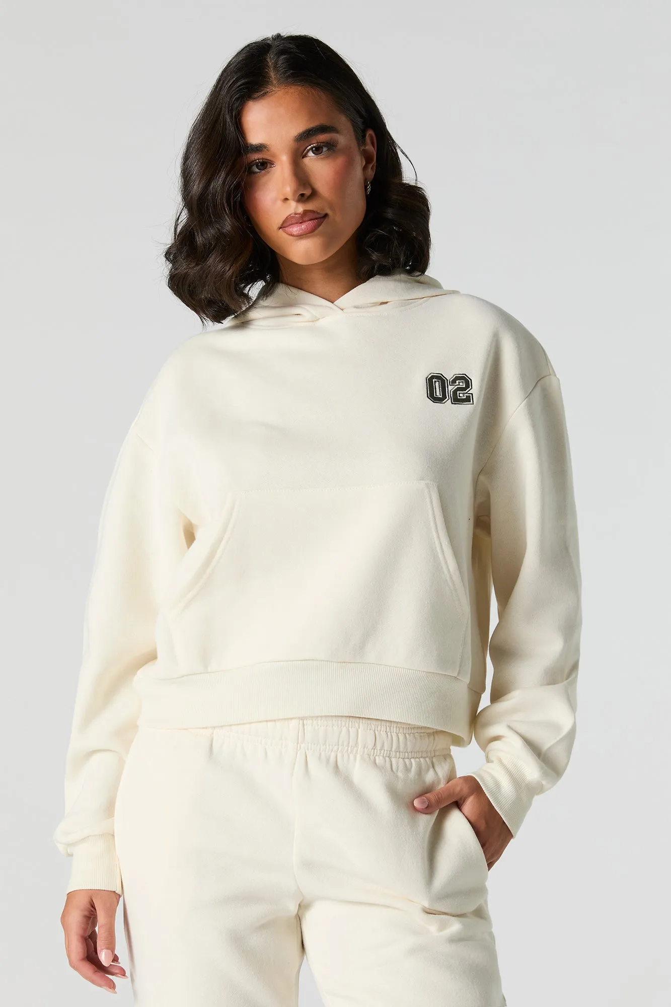 Embroidered Cropped Fleece Hoodie