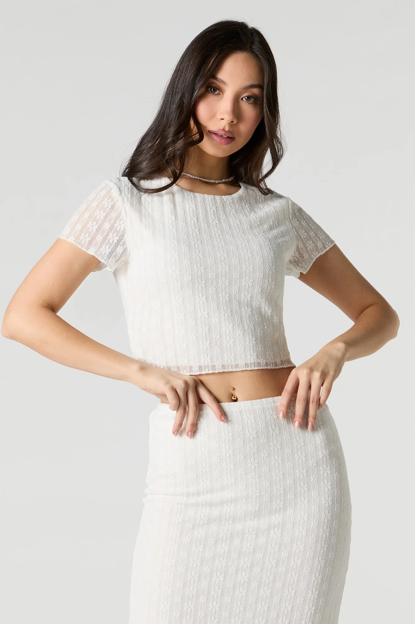 Floral Lace Short Sleeve Crop Top