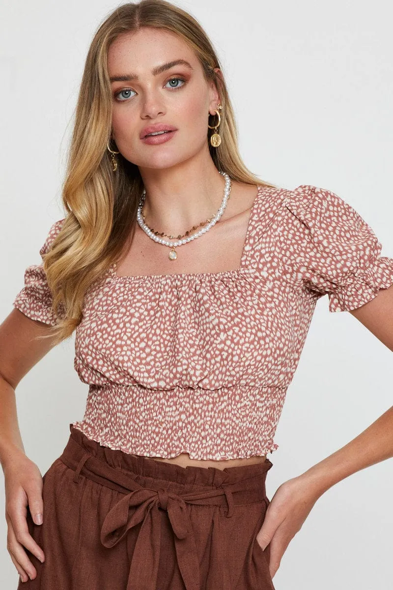 Geo Print Puff Sleeve Top Short Sleeve Crop