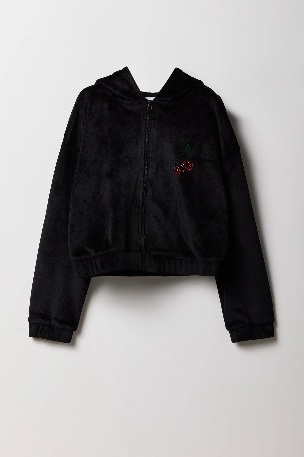 Girls Rhinestone Velour Zip-Up Hoodie