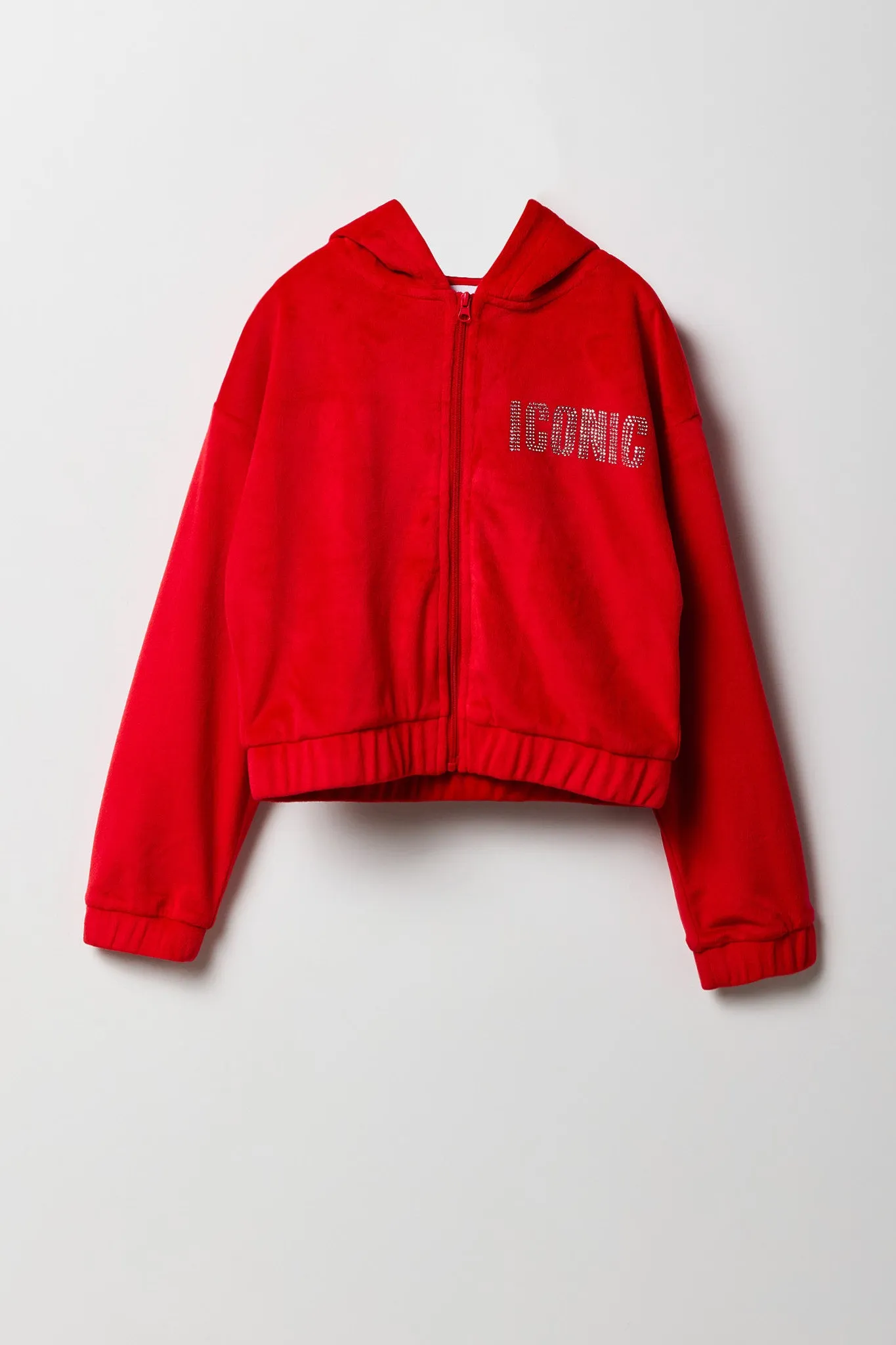 Girls Rhinestone Velour Zip-Up Hoodie