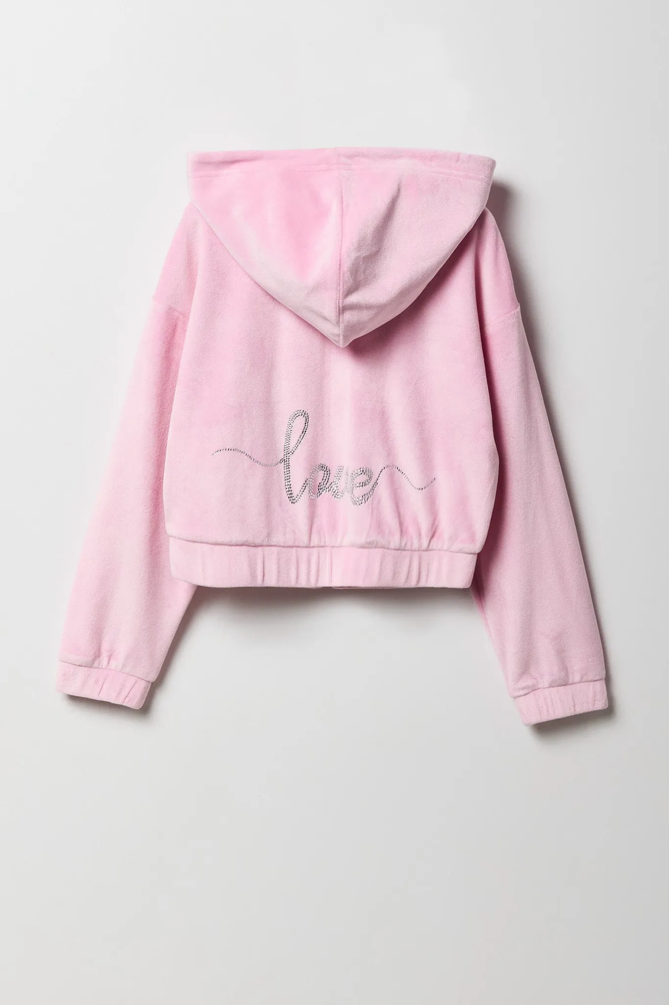 Girls Rhinestone Velour Zip-Up Hoodie