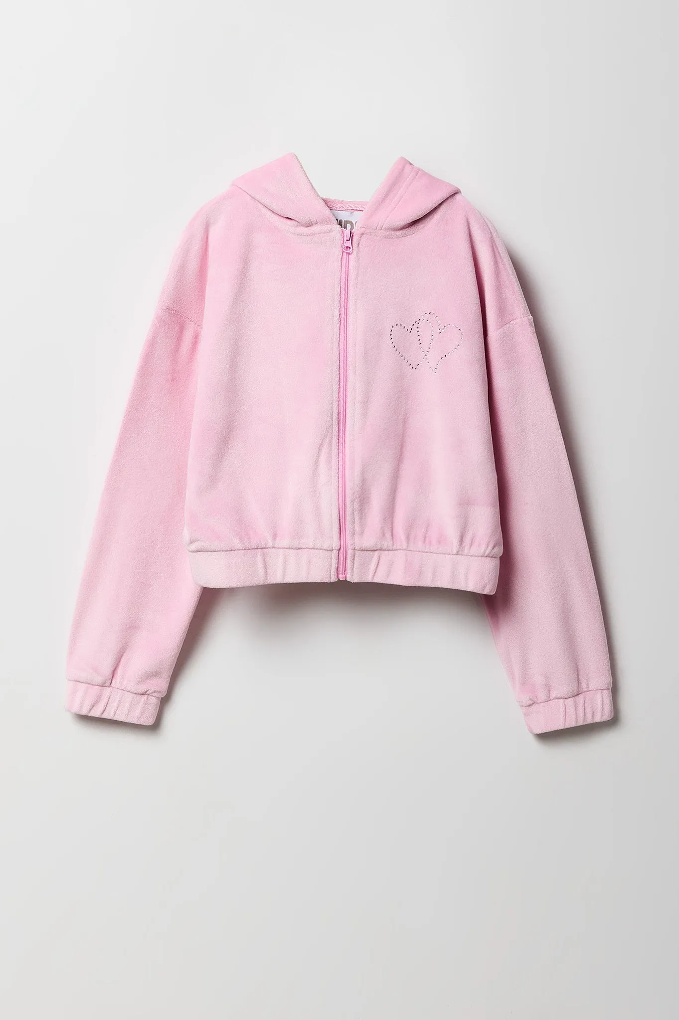 Girls Rhinestone Velour Zip-Up Hoodie
