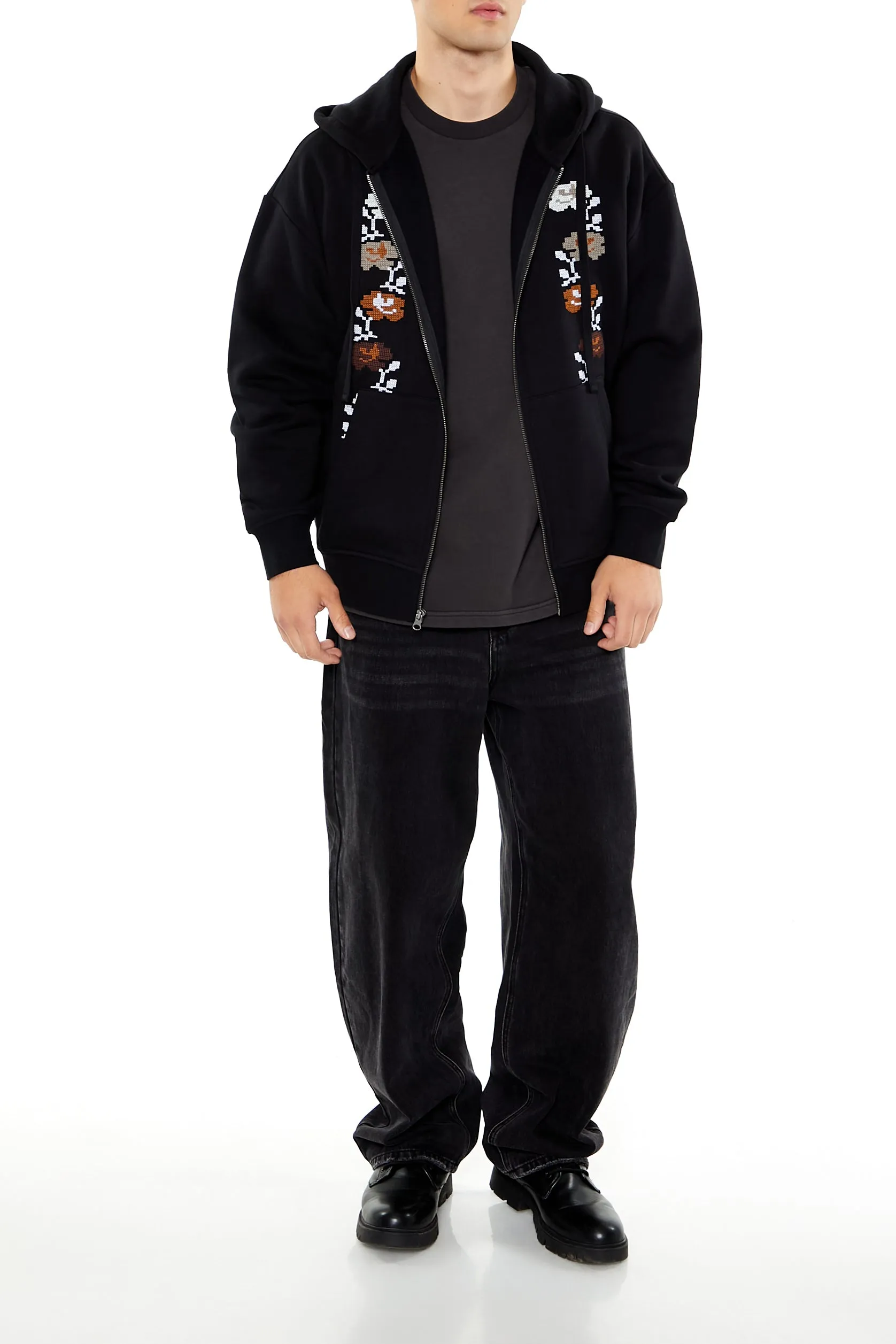 Haut à capuchon avec motif brodé fleuri et fermeture à glissière