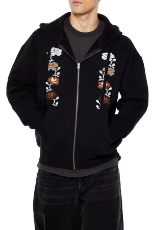 Haut à capuchon avec motif brodé fleuri et fermeture à glissière