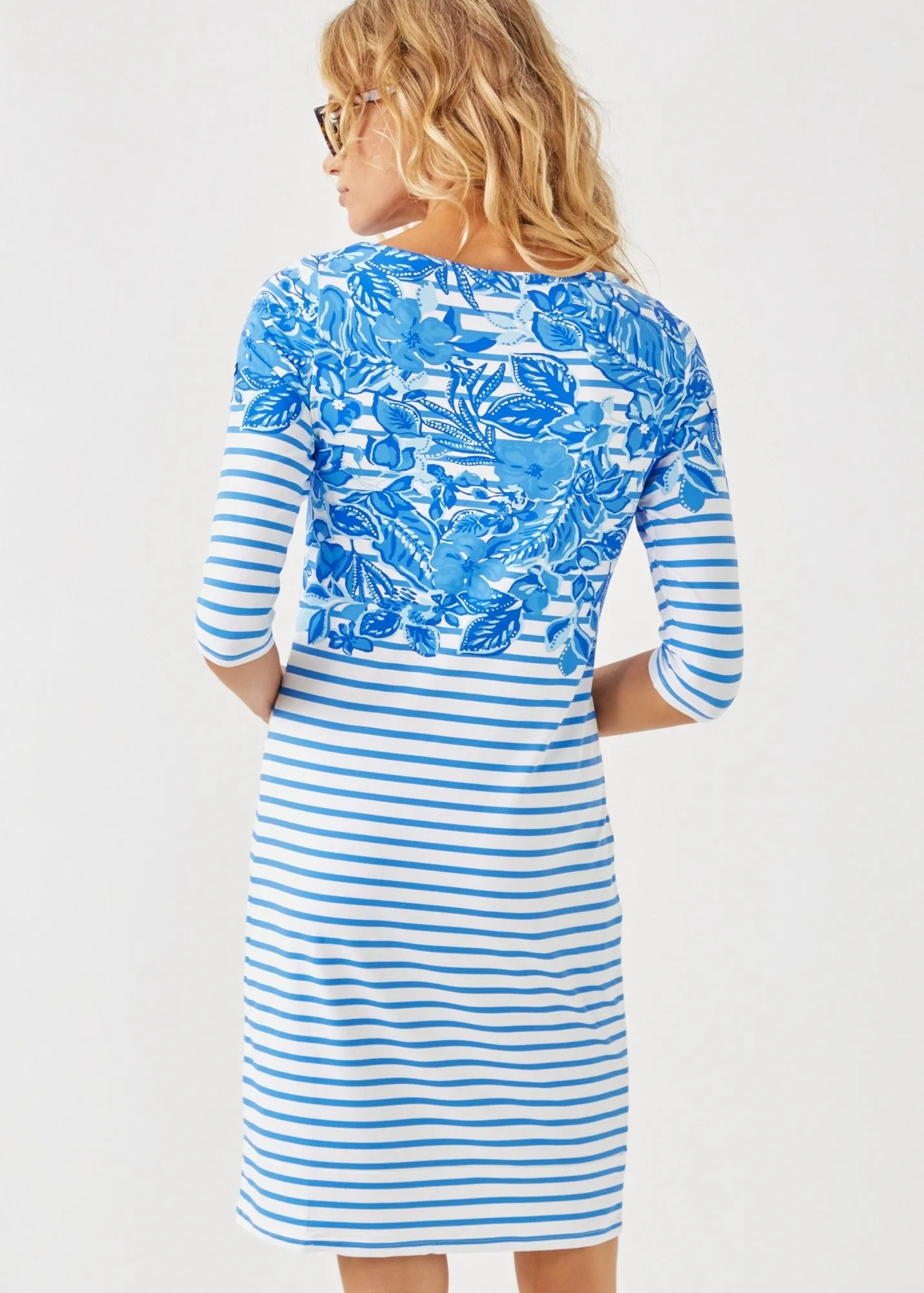 Lilly Pulitzer x PROPRIANO - Form-Fitting Nautical Stripe Dress with Exclusive Lilly Print | Anti-UV Stretch Fabric  (SOLEIL AZUR BLUE)