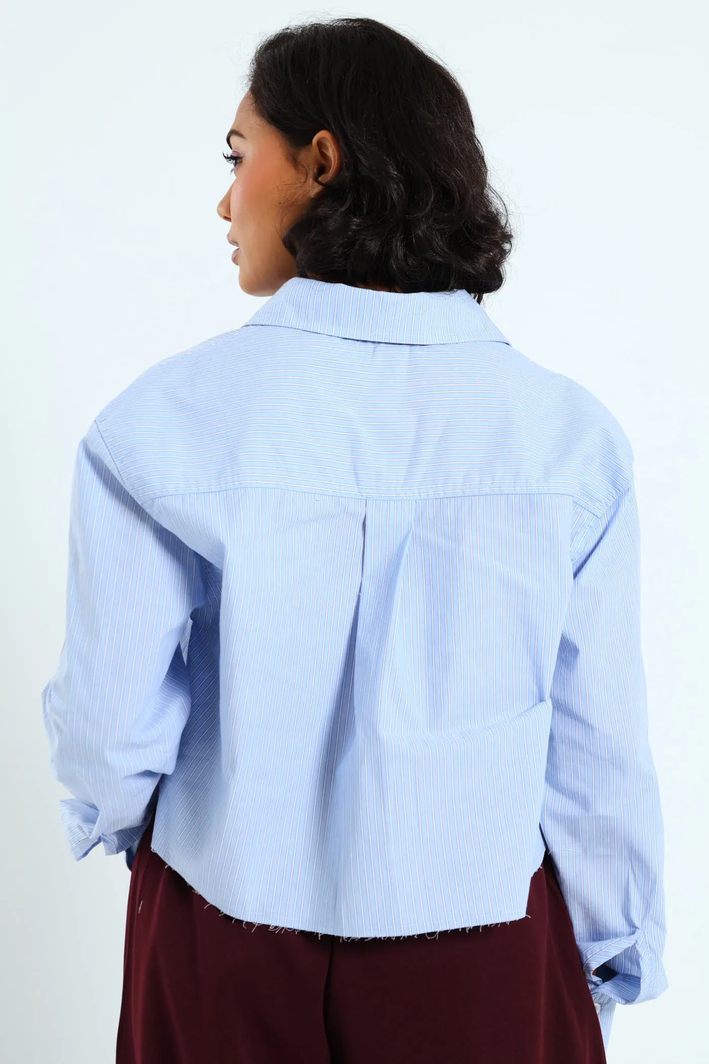 Long Sleeve Yarn Dyed Crop Shirt - Blue