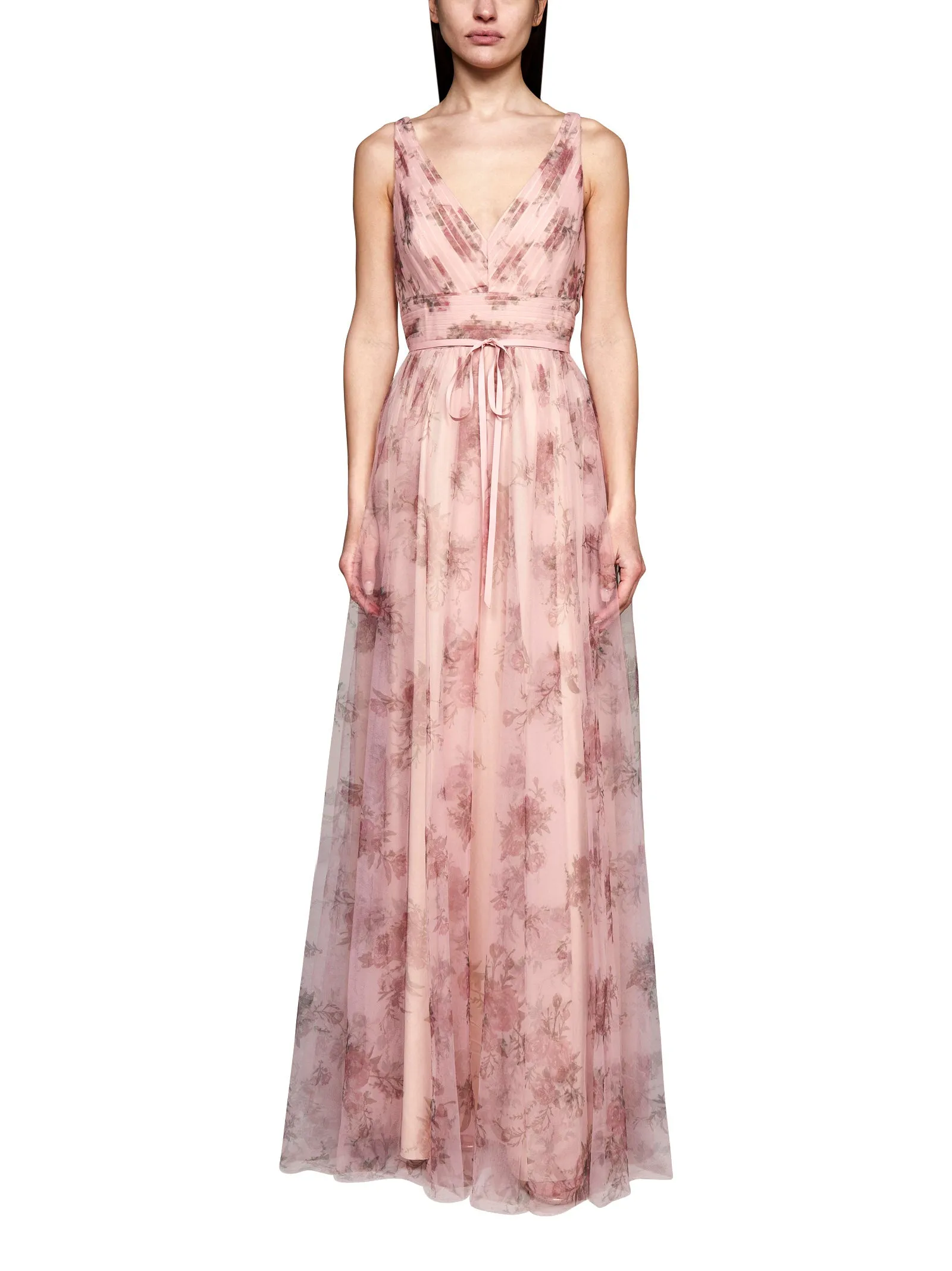 Marchesa Notte Floral Printed V-Neck Maxi Dress