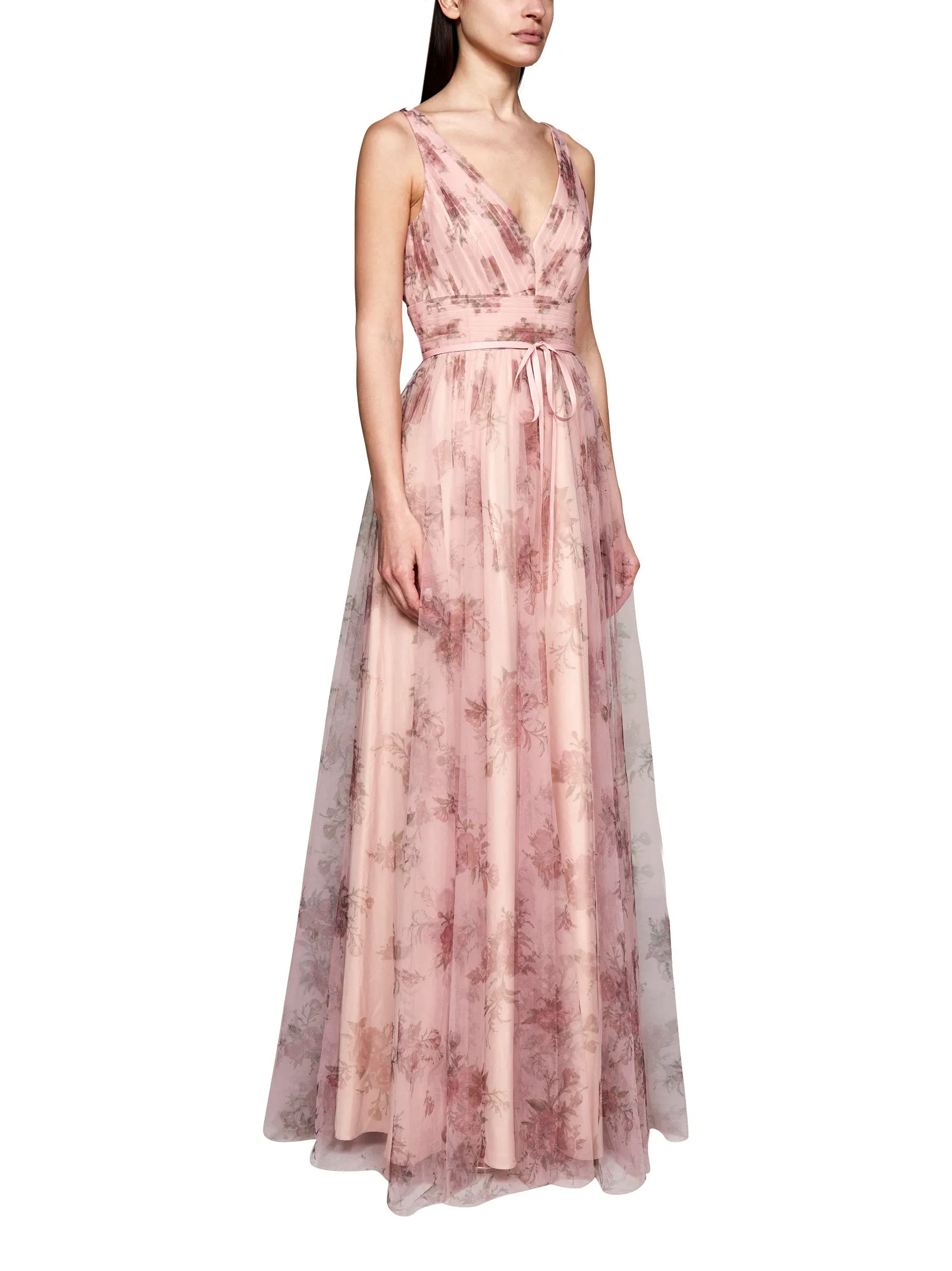 Marchesa Notte Floral Printed V-Neck Maxi Dress