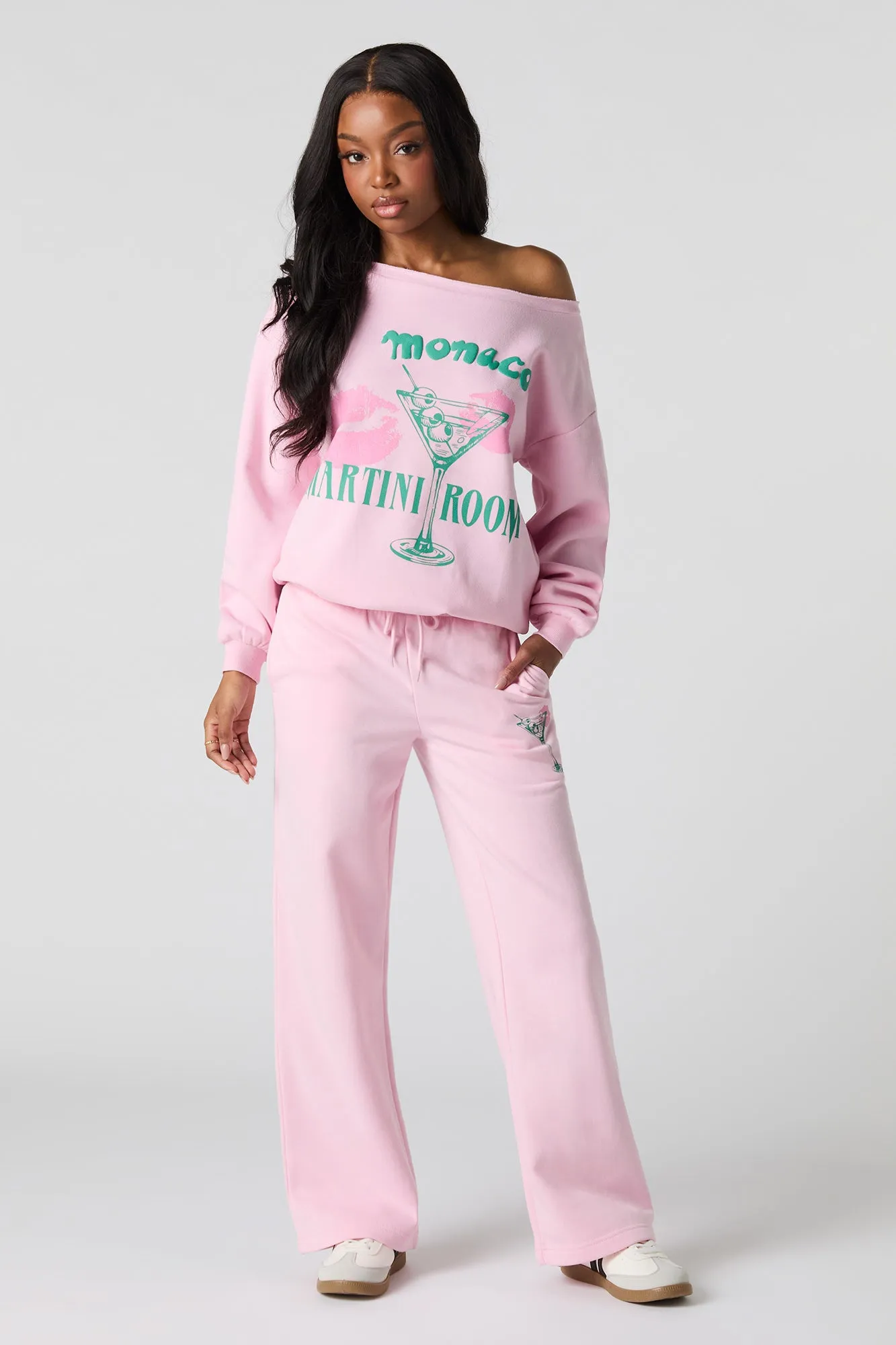 Monaco Puff Print Off Shoulder Fleece Sweatshirt