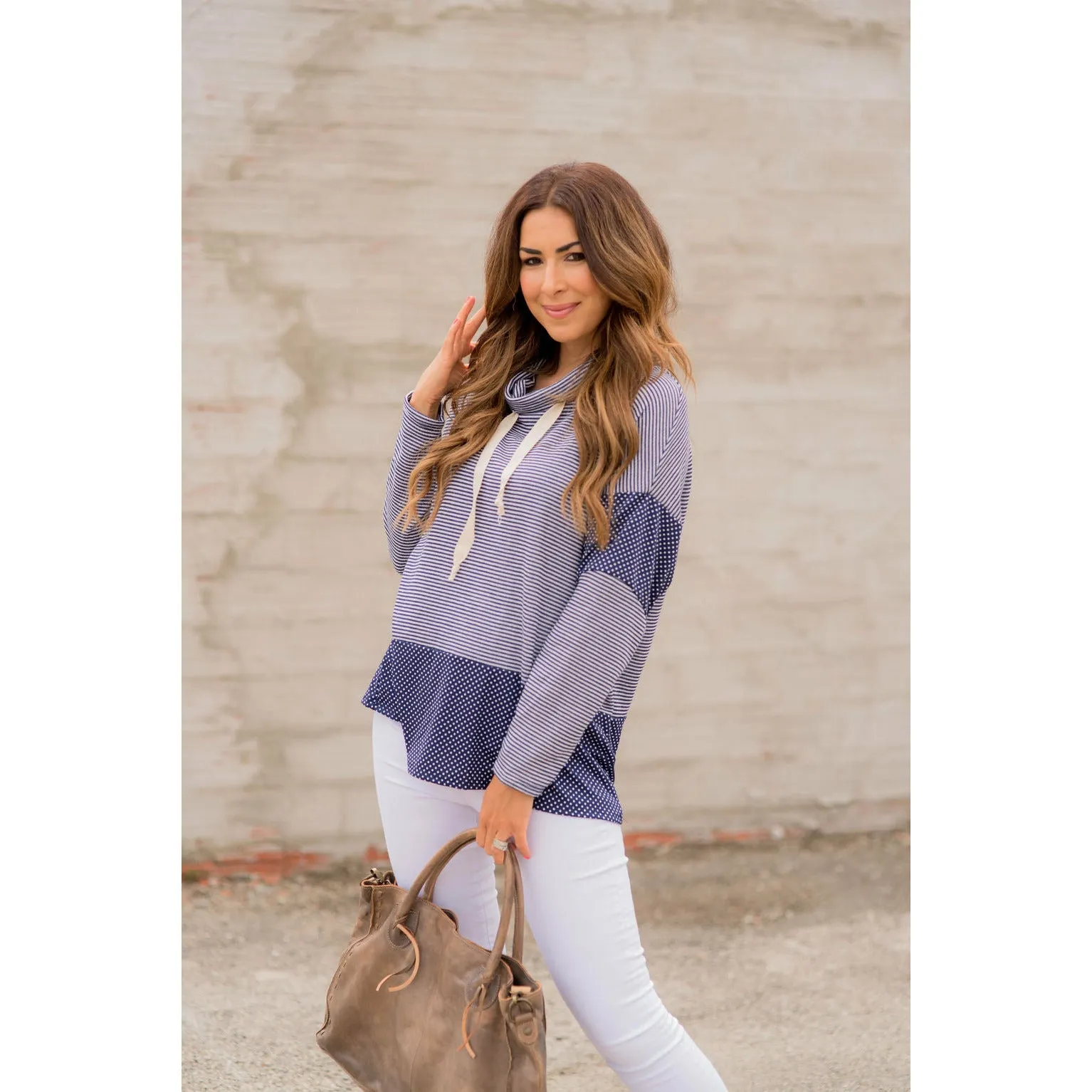 Navy Striped Dotted Cowl Neck Sweatshirt
