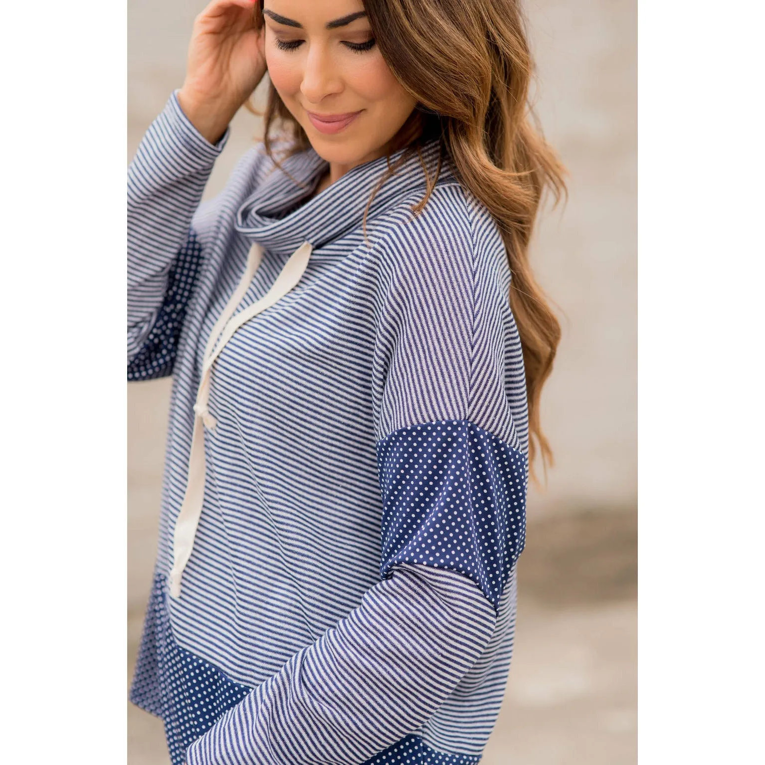 Navy Striped Dotted Cowl Neck Sweatshirt