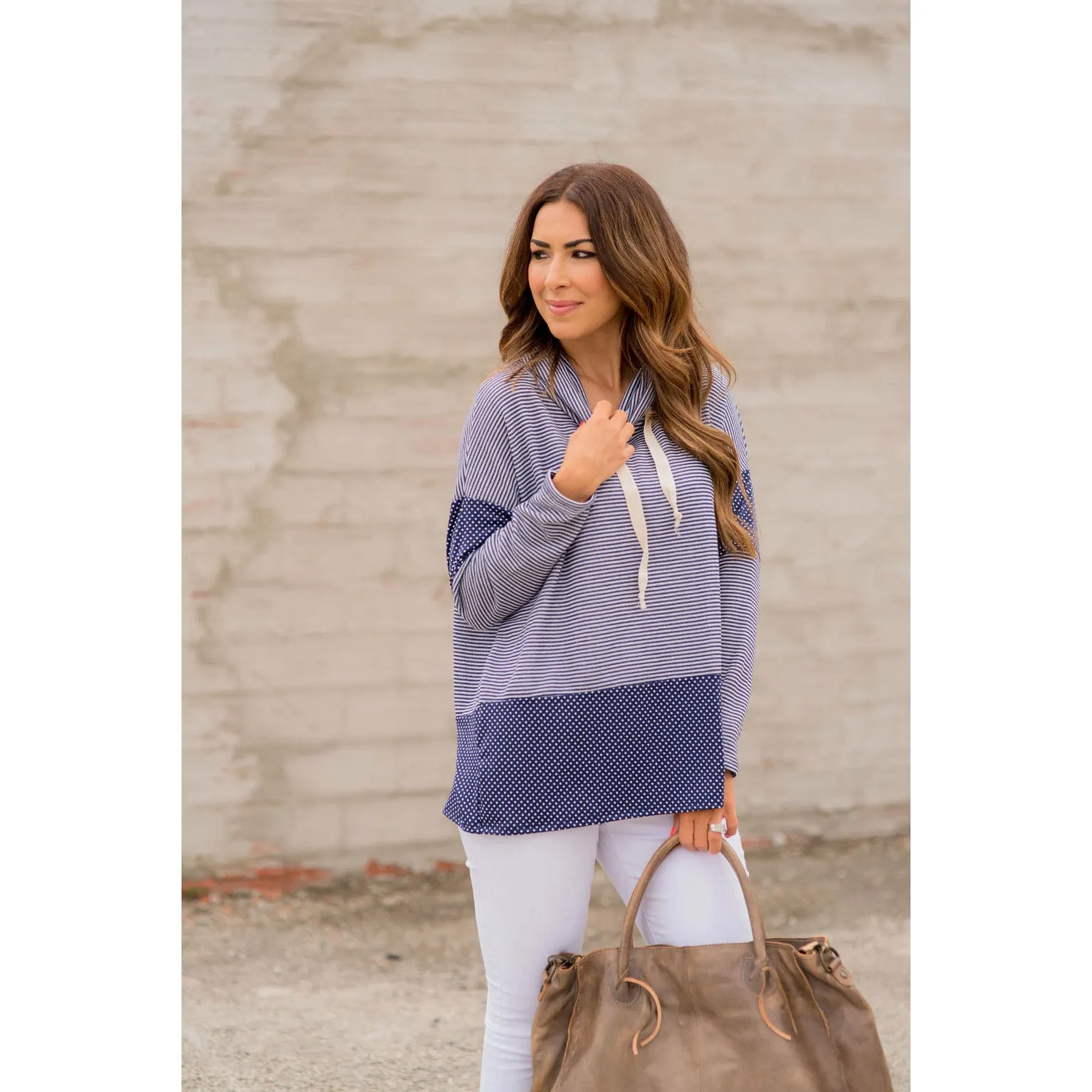Navy Striped Dotted Cowl Neck Sweatshirt
