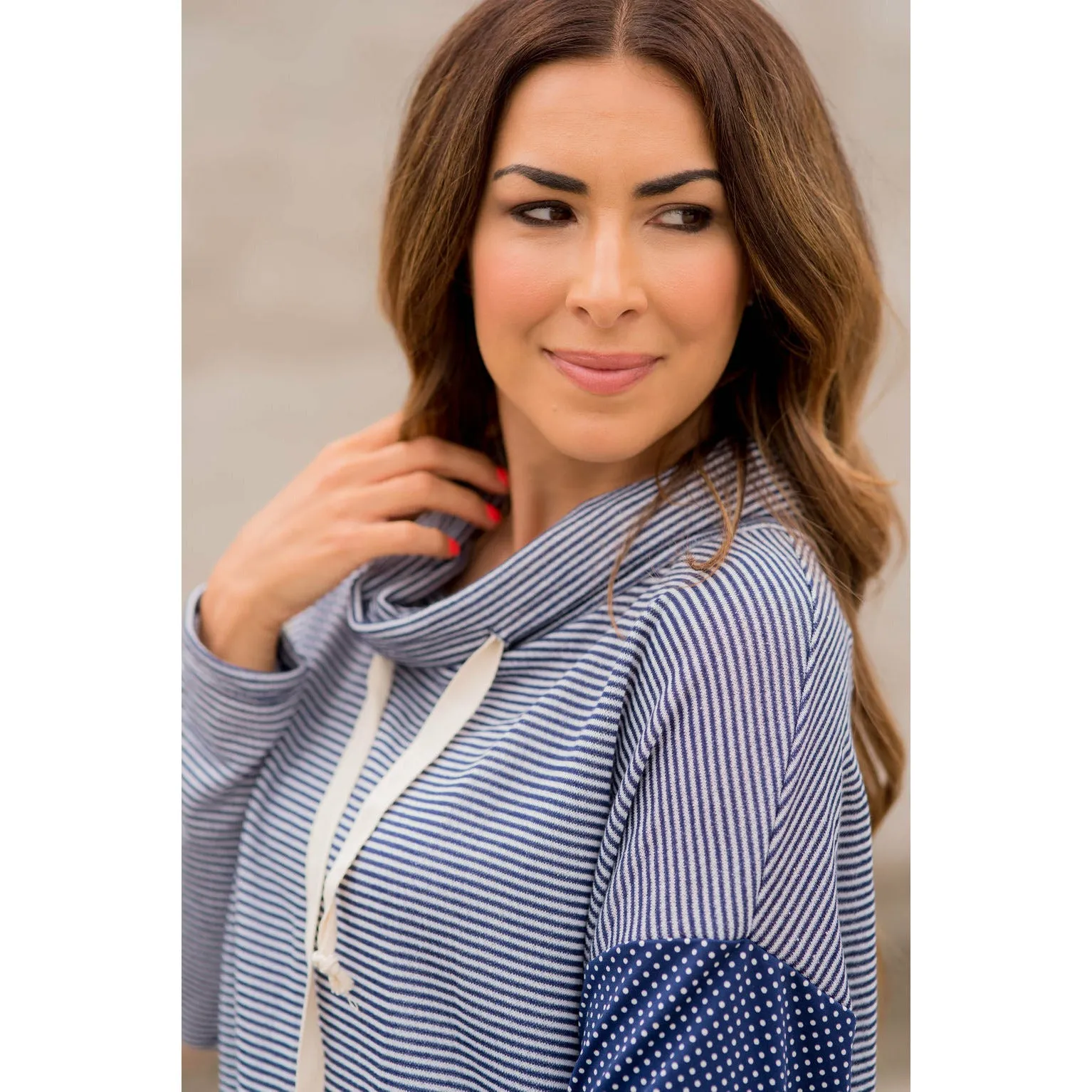 Navy Striped Dotted Cowl Neck Sweatshirt