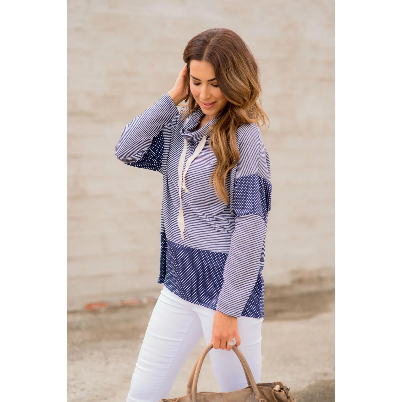Navy Striped Dotted Cowl Neck Sweatshirt