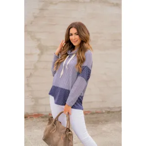 Navy Striped Dotted Cowl Neck Sweatshirt