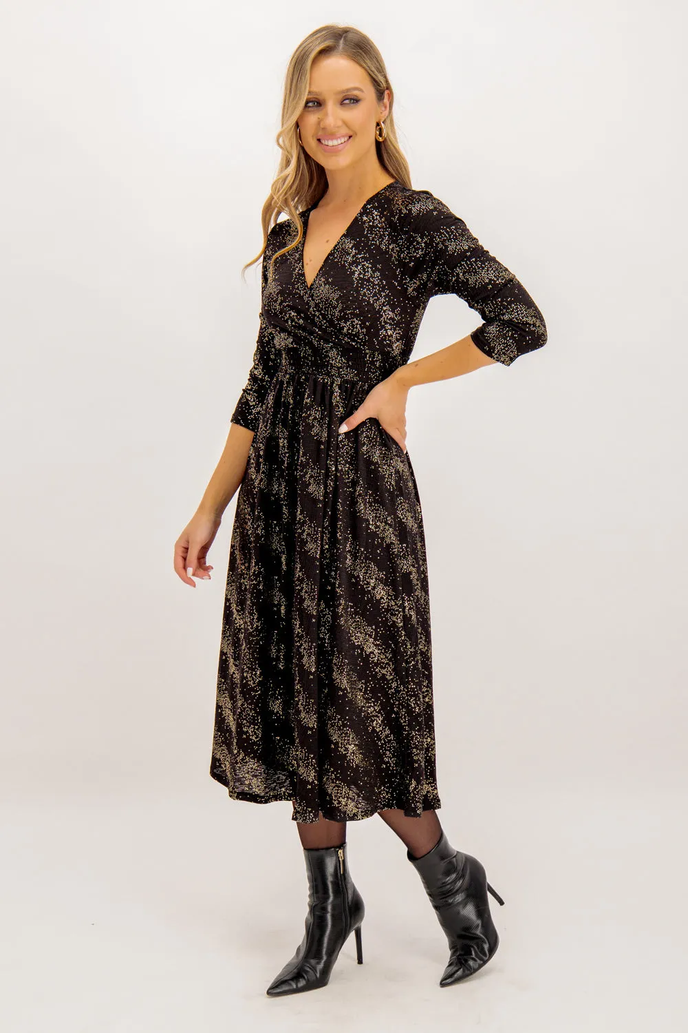 Pella Gold Drizzle Dot Black Wrap Dress