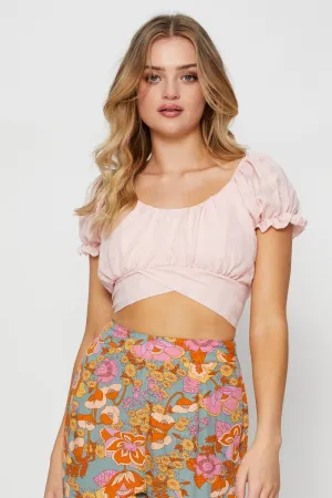 Pink Crop Top Short Sleeve Tie Up