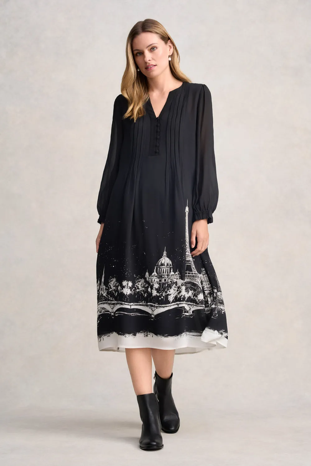 Pintuck Dress - Eiffel Border Print