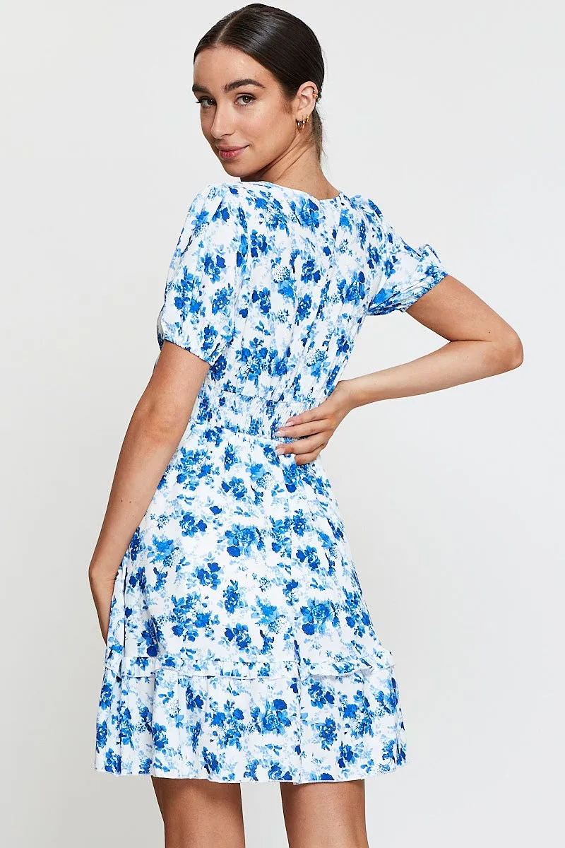 Print Mini Dress Short Sleeve V Neck Tie