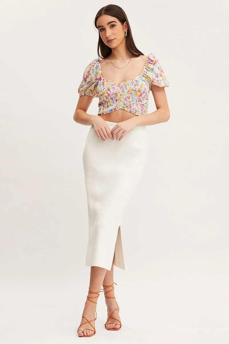 Print Puff Sleeve Top Short Sleeve Crop